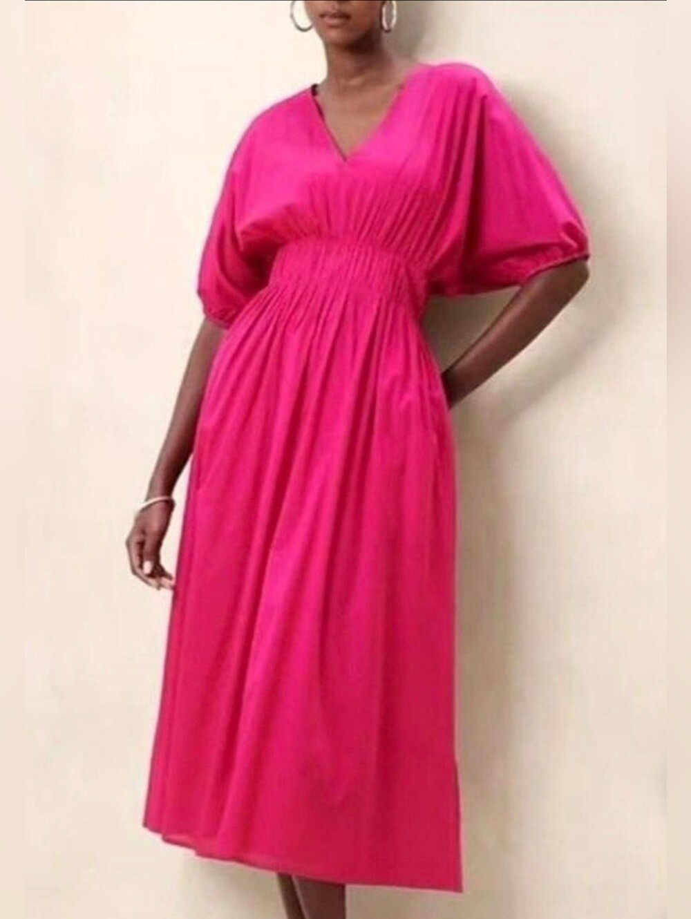 Banana Republic Voile Elbow-Sleeve Midi Dress Dragon Fruit 100% Cotton L